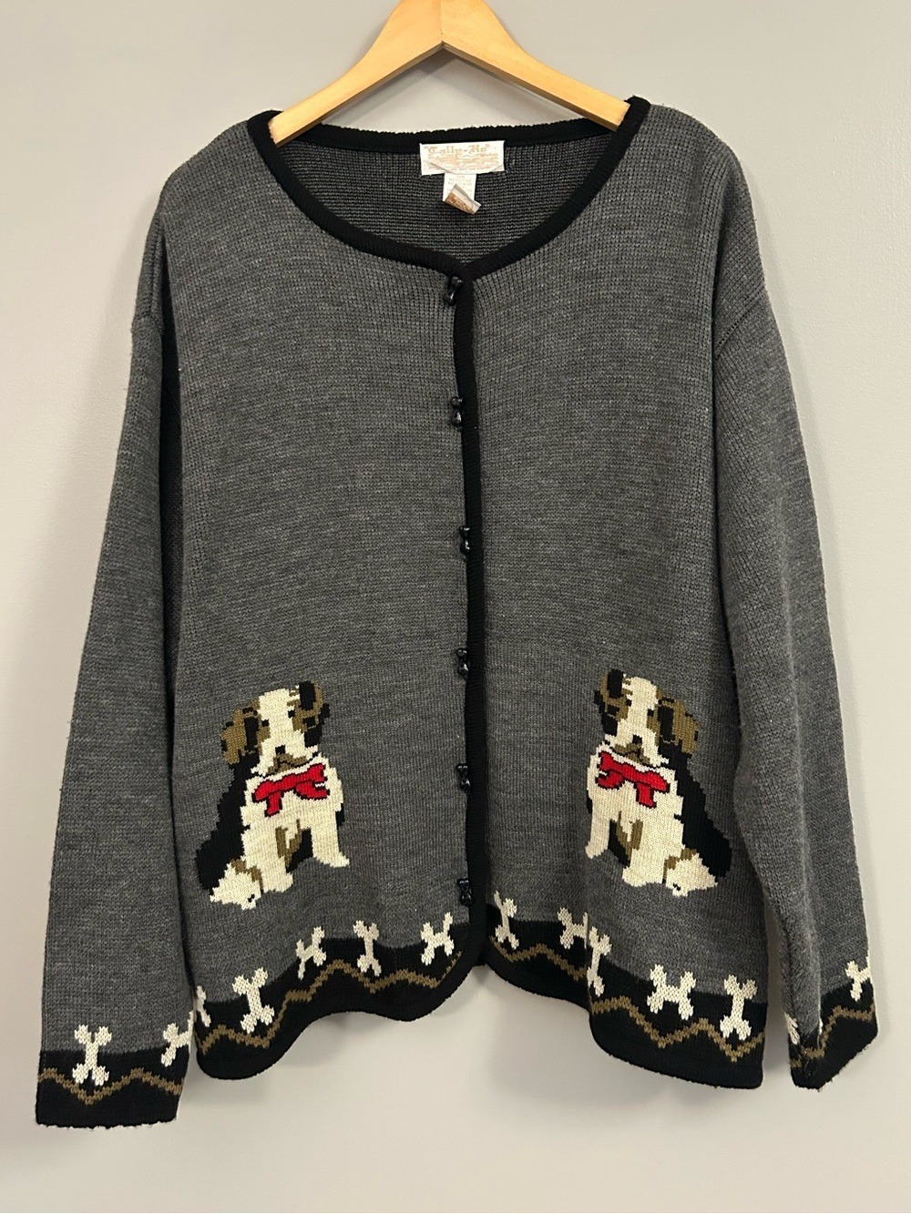 Tally Ho Dogs Black and Gray Knit Cardigan Label View 3X Bone Buttons Vintage